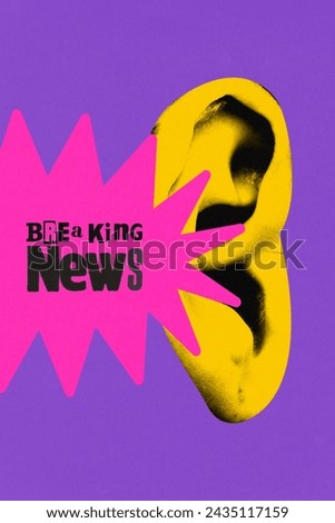 Poster. Contemporary art collage. Yellow ear silhouette with magenta speech bubble 'Breaking News' text against purple background. Concept of art, information, social media, culture, surrealism.