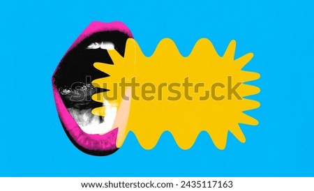 Poster. Contemporary art collage. Open mouth with pink lips with yellow speech bubble with copy space against vibrant blue background. Concept of art, information, social media, culture, surrealism.