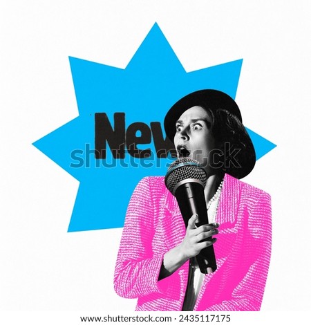 Poster. Contemporary art collage. Vintage dressed woman with microphone with shocked expression against blue speech bubble 'News'. Concept of art, information, social media, culture, surrealism.