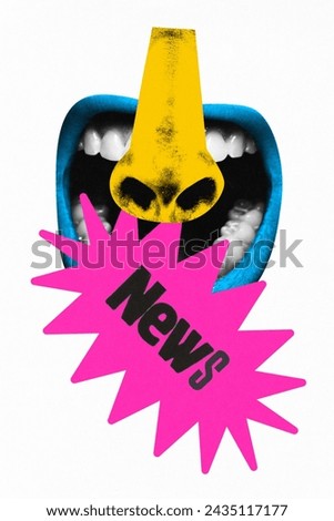 Poster. Contemporary art collage. Nose and mouth with magenta color speech bubble 'News' against white background. Concept of art, information, social media, culture, surrealism, gossips.