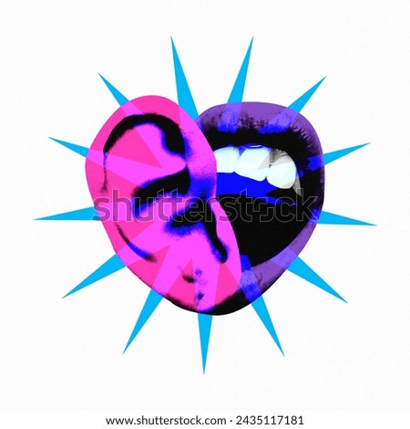 Poster. Contemporary art collage. Propaganda. Abstract artwork of ear and mouth with blue rays against white background. Concept of art, information, social media, culture, surrealism.