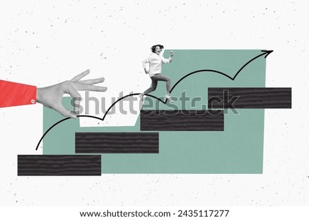 Photo collage picture surreality running woman climb upstairs reach success target goal dream arrow direction pointer rise