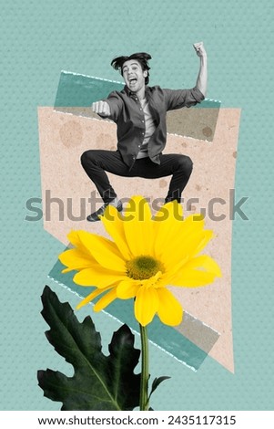 Exclusive magazine picture sketch collage image of funky guy riding yellow flower isolated teal turquoise color background