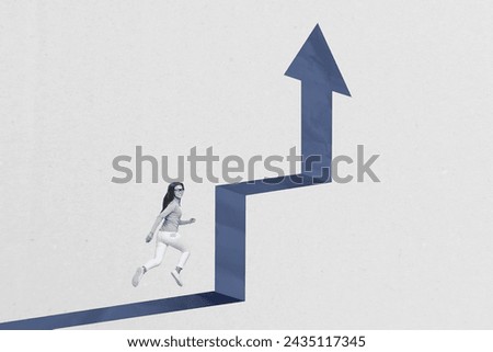 Photo collage artwork minimal picture of purposeful lady running achieving success isolated grey color background