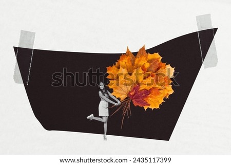 Creative photo collage picture standing young girl collect autumn golden leaves bunch seasonal park environment drawing background Royalty-Free Stock Photo #2435117399