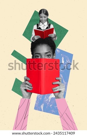 Vertical creative collage image of two girl teacher student read books schoolgirl education shopping weird freak bizarre unusual Royalty-Free Stock Photo #2435117409