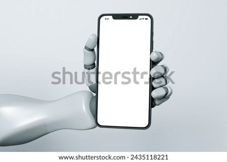 A robot hand holding a smartphone mockup