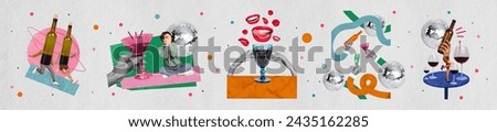 Creative metaphor collage of headless couple bottle wine drink vermouth or sauvignon near disco ball isolated on grey color background