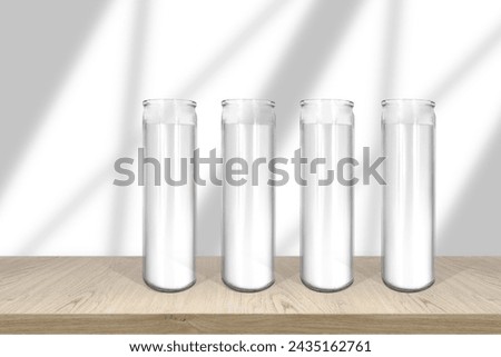 White wax candle in glass mockup empty shelf with light and window- shadows