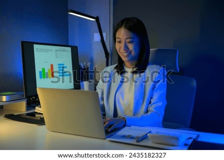 Portrait of young hardworking businesswoman working overtime during the night in her office room.