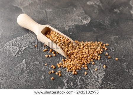 Green buckwheat in a wooden spoon on a wooden kitchen table.Superfood.Raw buckwheat porridge.Healthy vegan food concept, eco products, diet. Copy space.Organic food.weight loss and proper nutrition.