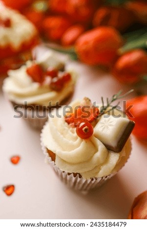 Festive cupcake close-up, gift for Valentine's day, birthday or mother's day.