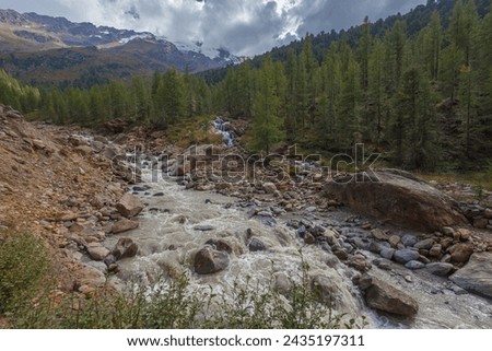 Impetuous muddy stream named Karlinbach formed by the melting of the glacier in an alpine valley. Vallelunga, Alto Adige Sudtirol, Italy Royalty-Free Stock Photo #2435197311