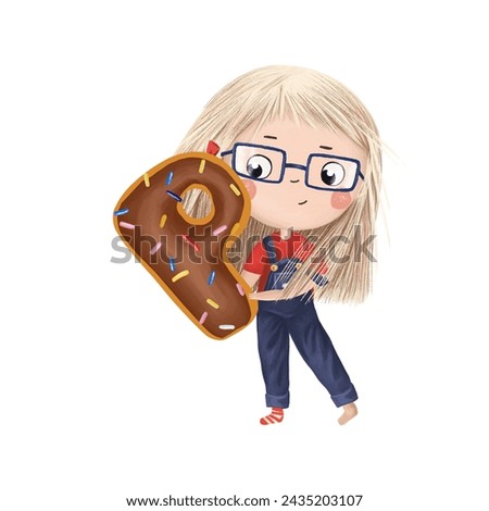 Cute little girl with chocolate donut- letter P on white background. Learn alphabet clip art collection