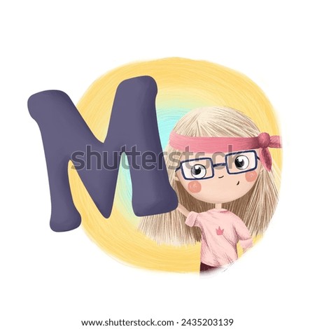 Cute little girl with letter M. Colorful cartoon graphics. Learn alphabet clip art collection on white background