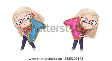 Cute little girl with chocolate donut- letter T. Tasty set on white background. Learn alphabet clip art collection