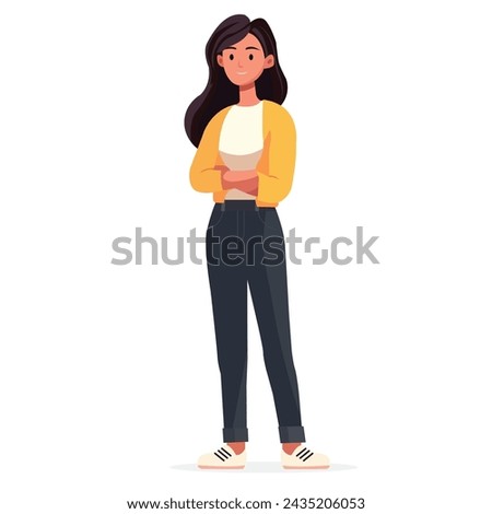 Woman, girl, standing and smiling full-length illustration, flat illustration, user interface illustration, isolated on a white background. A girl in jeans, a yellow sweater and white sneakers