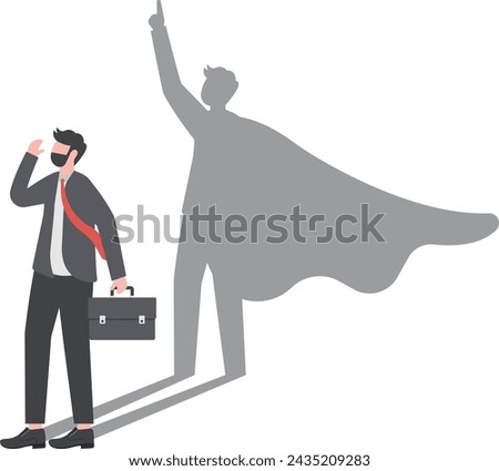 Self confidence or leadership to bring full potential and strength, motivation to achieve business success concept, self doubt businessman standing with his skillful power superhero shadow on the wall Royalty-Free Stock Photo #2435209283