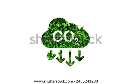 CO2 emission reduction icon (a green plant as same as cloud and a green arrow pointing of co2 text) isolated on white background with clipping path for banner, backdrop, concept in environmental day.