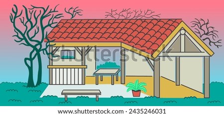 color village gazebo with trees in doodle style template for poster advertising print icon sticker design.