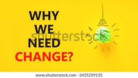 Why we need change symbol. Concept words Why we need change on beautiful yellow paper. Beautiful yellow background. Green light bulb icon. Business why we need change concept. Copy space.