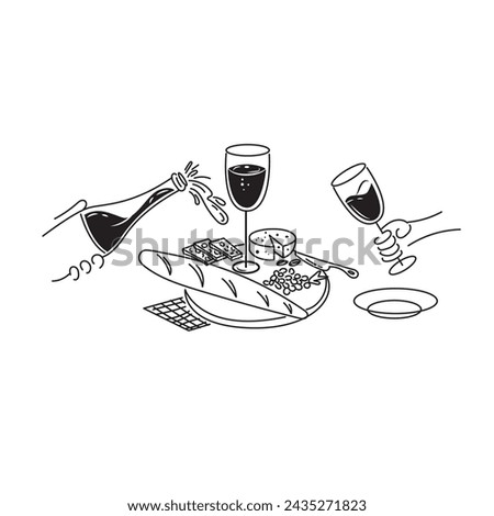 Hand drawn black and white still life with wine, grape and cheese vector. Sketch of cozy Italian or french cuisine