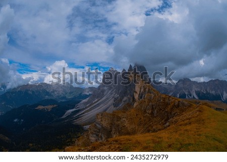 Wonderful landscape of the Dolomites Alps. Odle mountain range, Seceda peak in Dolomites, Italy. Artistic picture. Beauty world.