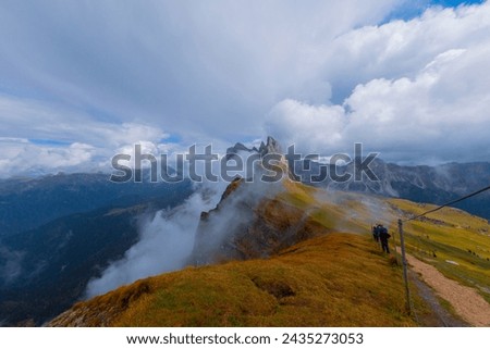 Wonderful landscape of the Dolomites Alps. Odle mountain range, Seceda peak in Dolomites, Italy. Artistic picture. Beauty world.