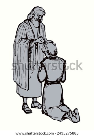 Holy jew senior elder father hold arm hair ask god power cure ill sick male guy son face rite lay pour ordain vow choose kneel young age boy Saul royal church faith human leader ruler Jesus vector art Royalty-Free Stock Photo #2435275885