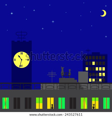 Cat and dog sitting on roof of big house of big city looking on stars and moon