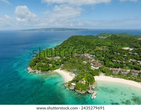 Aerial view of tropical white beaches with clear turquoise waters. Boracay, Philippines.