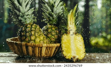 Bunch of pineapples in a wooden basket.