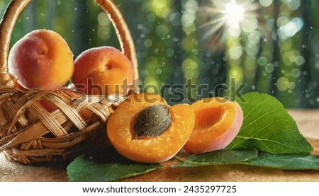 A bunch of red and orange apricots, in a wooden basket.