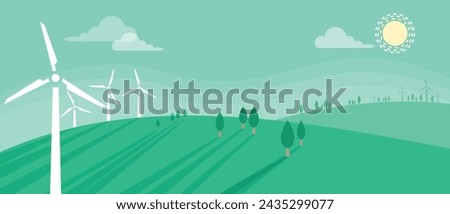 Animated flat wind turbines in natural green hills landscape Vector Silhouette Style Wind Turbine Towers Spinning and Generating Renewable  Energy. Windmills Energy Power industrial animation design.