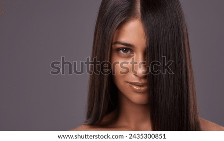 Woman, hair and portrait for salon, cut and style for heat and blow with keratin treatment and wash. Model with glossy and healthy for roots and tips with smooth and silk for volume or long on mockup Royalty-Free Stock Photo #2435300851