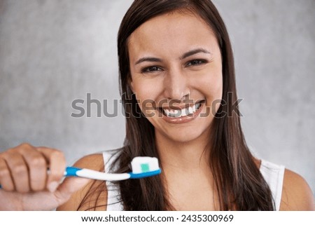 Happy, woman and portrait with toothbrush in morning, routine and grooming with self care in home. Clean, teeth and girl with healthy smile from whitening, dental toothpaste and brushing in bathroom