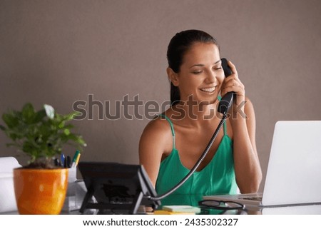Phone call, remote work and landline with woman secretary in office for communication or reception. Laptop, smile and happy young receptionist answering telephone for small business or startup Royalty-Free Stock Photo #2435302327