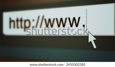 Web, cursor and url of search bar on computer screen for information, worldwide surfing and server. Homepage, html or webpage address for browsing, research download and online portal with closeup