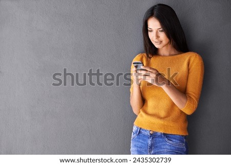 Phone, search and woman in house with social media, scroll or reading sign up info on wall background. Smartphone, app and female person at home online with google it, competition or giveaway sign up