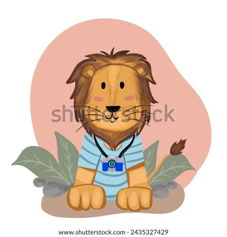 Charming illustration featuring a playful lion wielding a camera. Perfect to sticker, icon, t-shirt, all marchandise.
