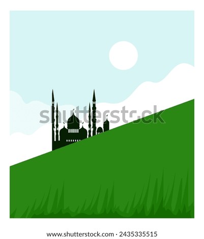 
vector natural daytime scenery, blue sky background with mosque objects behind green hills, Ramadan theme.
