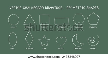 Super simple geometric shapes hand-drawn style vector design. Chalkboard simple doodle drawings. Circle, triangle, square, rectangle, hexagon, pentagon, oval, diamond, star, heart, crescent, spiral
