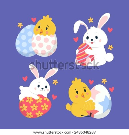 Bunny and Chicken Holding Easter Eggs Illustration Collection Set