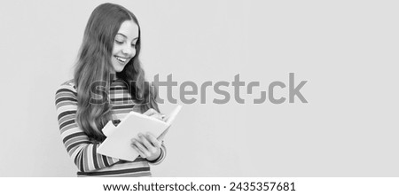 Keep calm and do your hometask. Happy child do homework assignment. Homework writing. Horizontal isolated poster of school girl student. Banner header portrait of schoolgirl copy space.