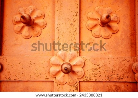 Close-up image showcasing the texture and symmetry of orange-colored floral metal patterns on a door, highlighting intricate artistry and design.
