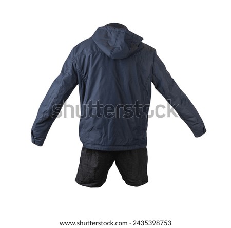 mens dark blue hooded jacket and black sports shorts isolated on white background. fashionable casual wear