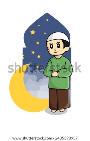 Cute Boy Praying with Night View Cartoon Illustration