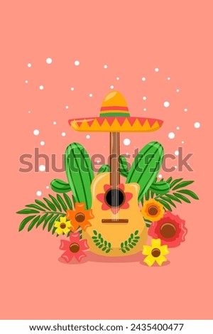 Design Guitar and Flowers Sombrero Flat Illustration
