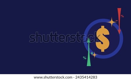 Financial rise and fall concept vector banner design with money icon, red green colored increase and decrease arrow icon, dollar sign coin icon on a dark blue background. Finance gain and loss.