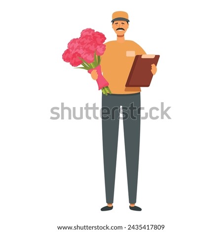 Fast floral present icon cartoon vector. Smiling courier at door. Home love
